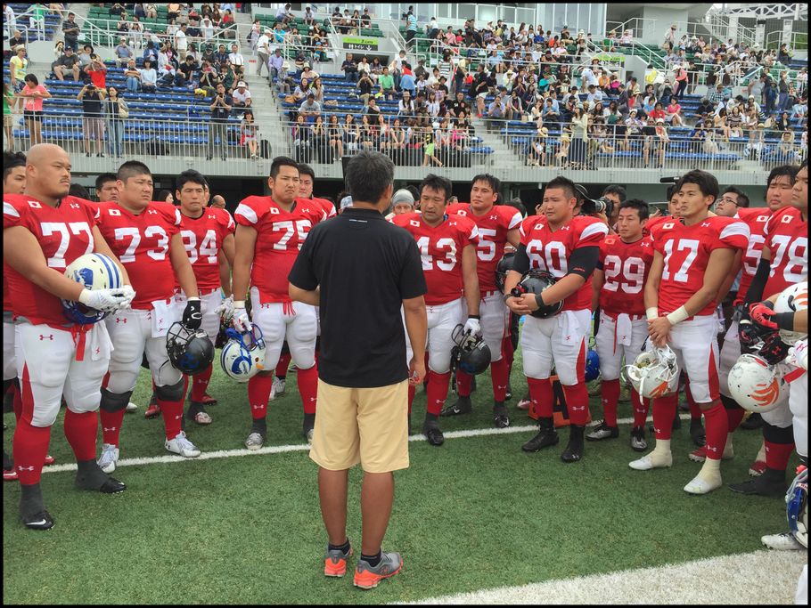 Japan Head Coach Kiyoyuki Mori speaks to his players after the win over Team Hope - John Gunning, Inside Sport: Japan, June. 14, 2015