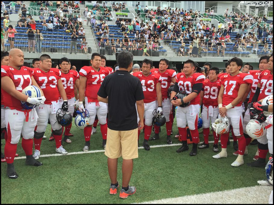 Japan Head Coach Kiyoyuki Mori speaks to his players after the win over Team Hope - John Gunning, Inside Sport: Japan, June. 14, 2015