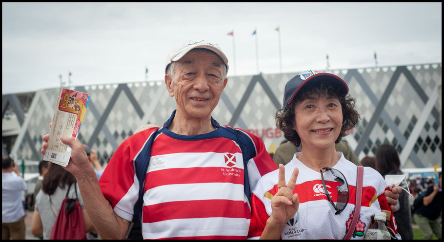 Professor Takizawa (St Andrews University) and his wife Miyoko attending their third World Cup  – Lionel Piguet, Inside Sport: Japan, Sept 22, 2019