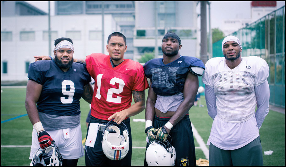 Woolsey with (from left) Richard Ellebie, Demetrius Eaton & Andre Whyte — John Gunning, Inside Sport: Japan, August 12, 2018