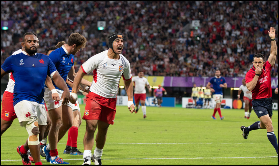 Malietoa Hingano celebrates his try – Lionel Piquet, Inside Sport: Japan, Oct 6, 2019