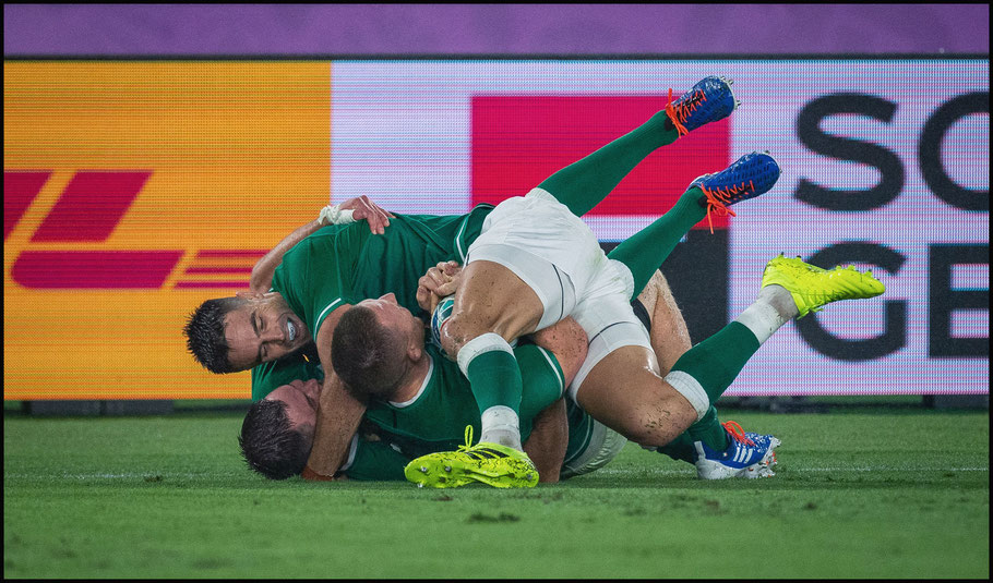 Ireland players celebrate the team's fourth try – John Gunning, Inside Sport: Japan, Sept 22, 2019