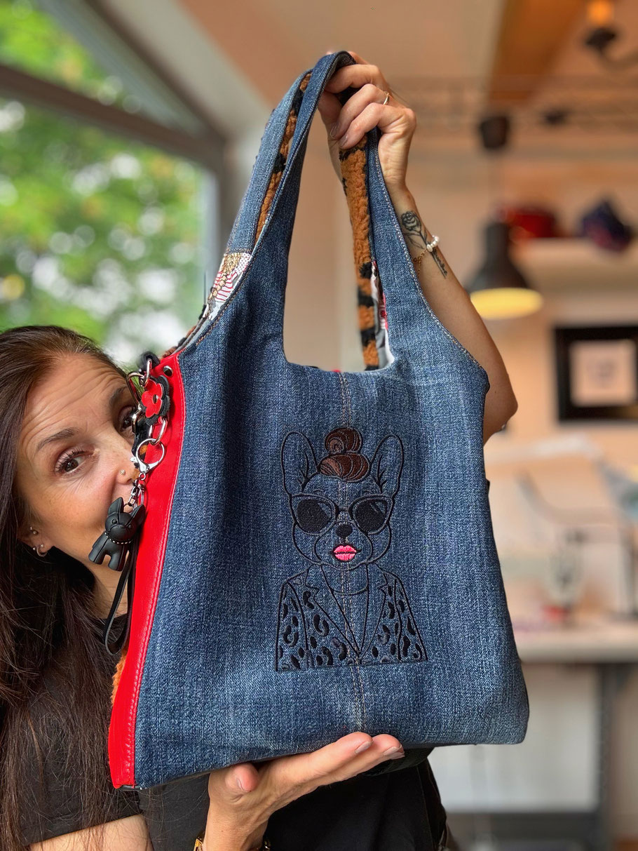 Sandy No.9 ToffToff Design - handgemachte Tasche auf upgecycelter Jeans und Leder, nachhaltiges Unikat von Ol.lo.li.