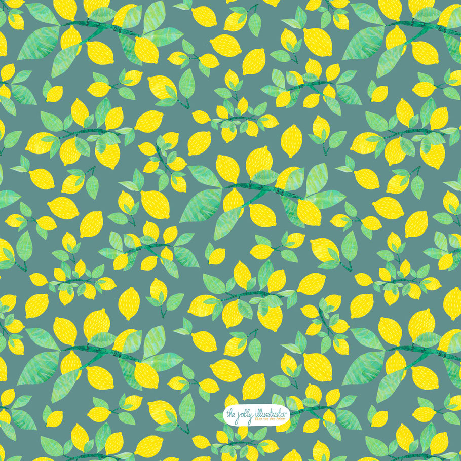 Summer vibe surface pattern design with juicy yellow lemons on a peaceful green background