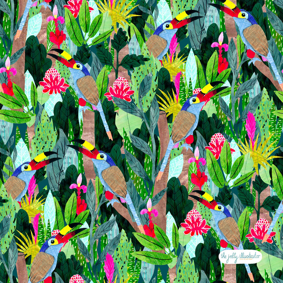 Bold and playful jungler pattern, collage illustration by the jolly illustrator