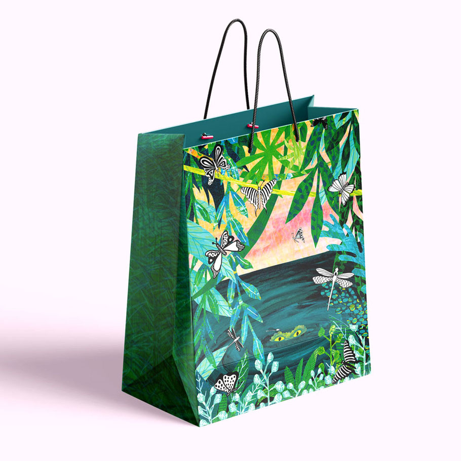 Crocodile in the jungle on a bag. Mock up. Mixed media illustration for licensing by the jolly illustrator