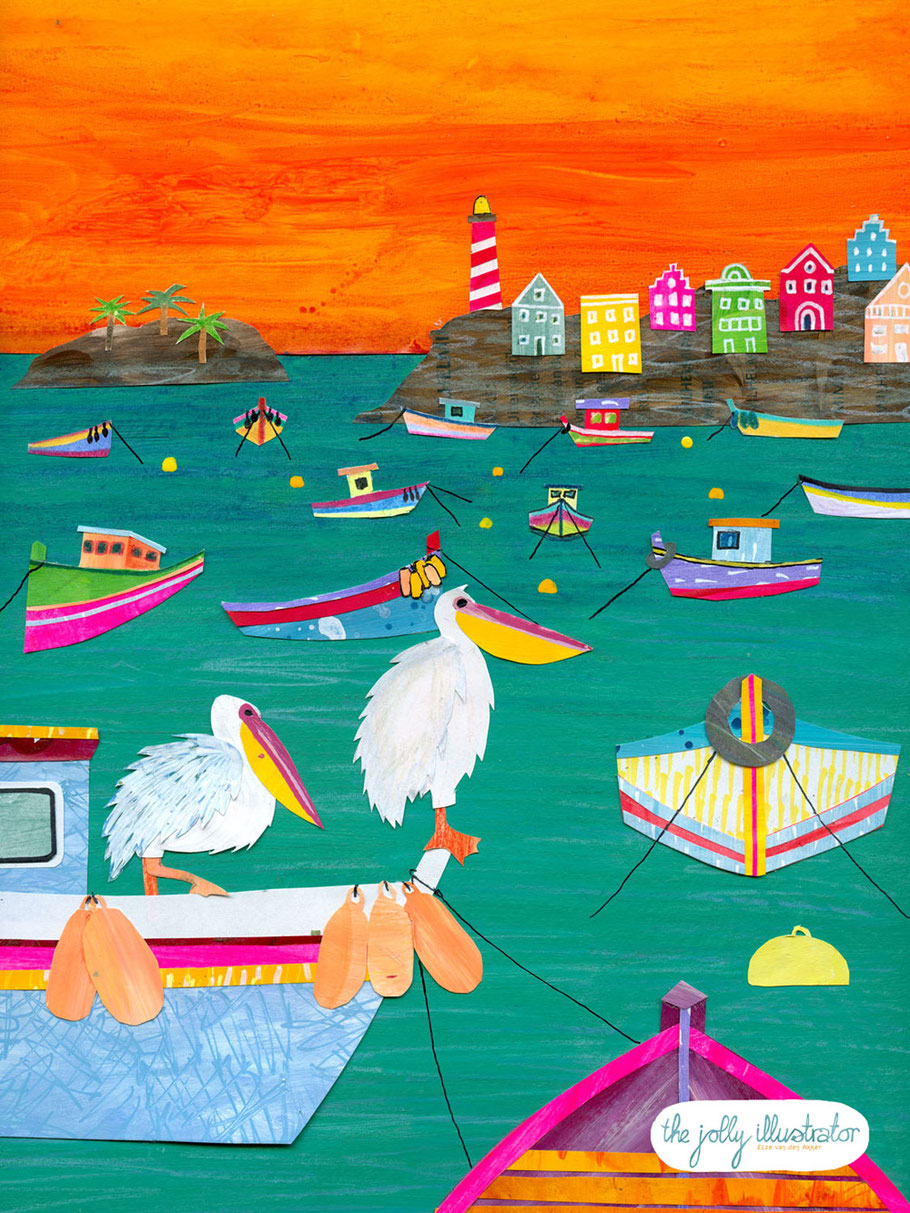 Bold illustration inspired on the Caribbean vibe. It shows colourful houses at the coast, a lot of fishing boats and some pelicans. The sun is setting and bright orange. Playful and imaginative collage illustration by the jolly illustrator.