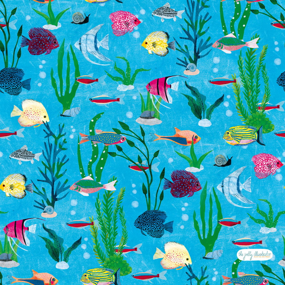 surface pattern design, containing all sorts of fresh water fish like neon tetra and discus. Mixed media illustration by the jolly illustrator
