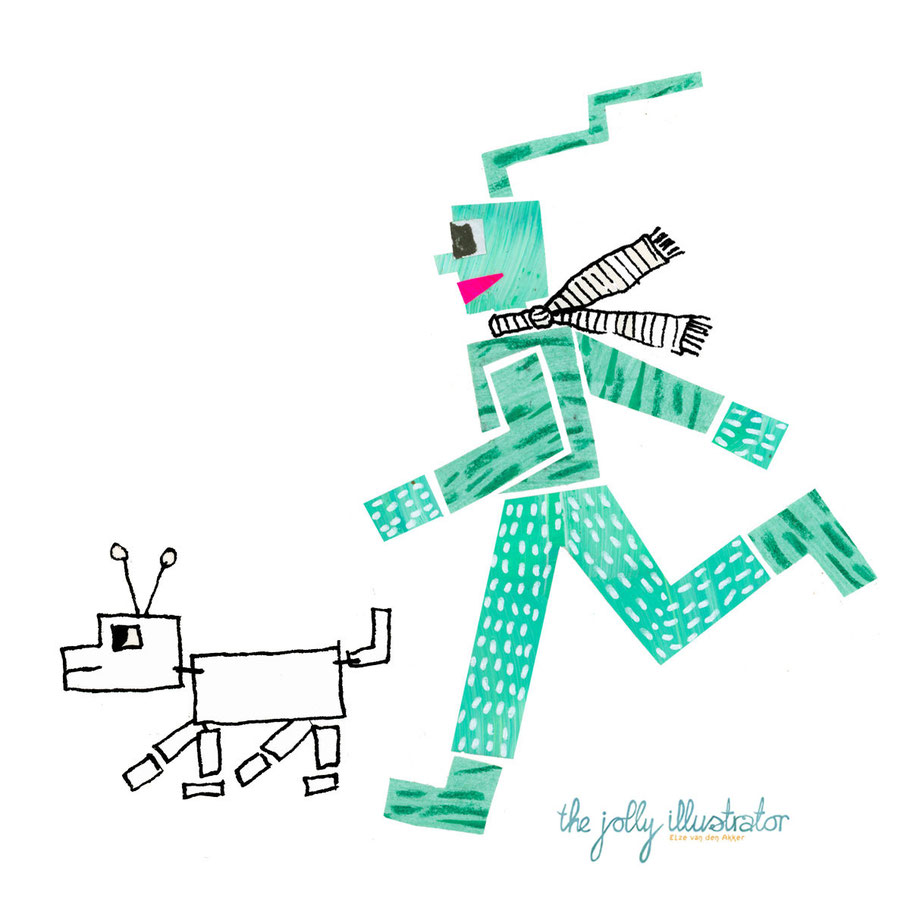 Running robot with robot dog. Collage art combined with pen drawing. Made by Amsterdam based the jolly illustrator. Available for licensing