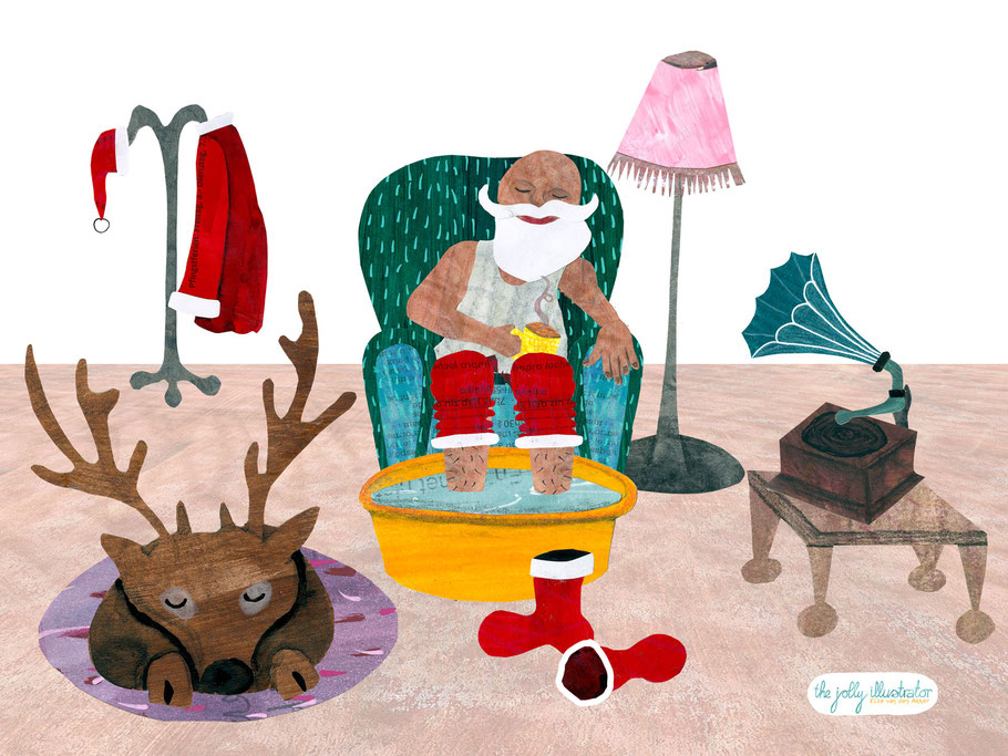 I wonder what does Santa Claus do in his free time. Relaxing of course. Christmas editorial illustration. Collage art by the jolly illustration