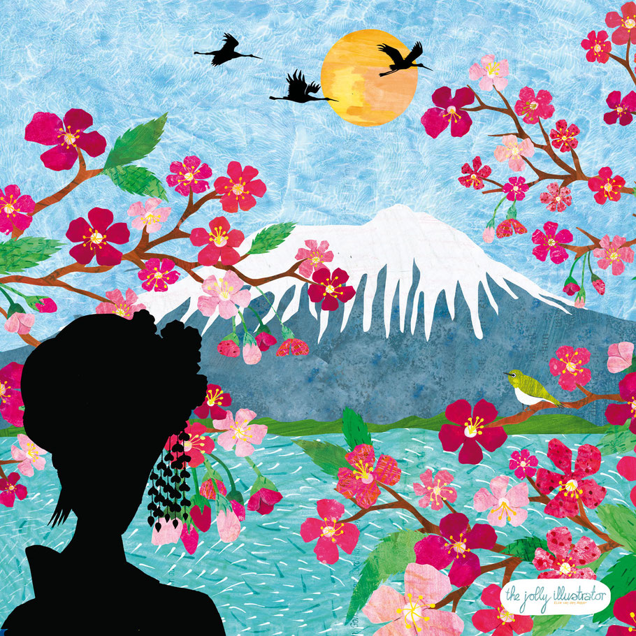 Japanese spring illustration. Mixture of papewrcut and shadow art. You see the fuiji mountain in the background with cherry blossom. A geisha is watching the scene and Cranes are passing by. Illustration by the jolly illustrator