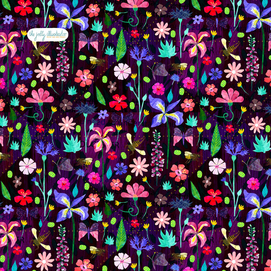 Purple surface pattern with flowers and bees, collage art by the jolly illustrator