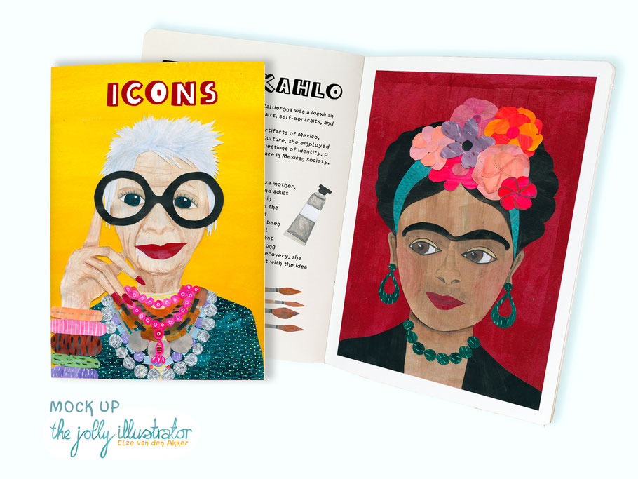 illustrations  of two female icons, iris Apfle and Fridah Kahlo in a mock up for a book, collage by the Elze jolly illustrator