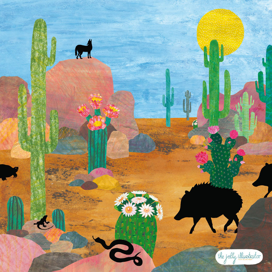 Arizona spring, inspired by Michelle Allen art's backyard. Papercut mixed with black shadow. You see a desert with rocks, cacti and some animals like a tortoise, snake and coyote. Made by the jolly illustrator