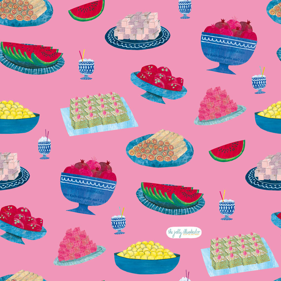 Eid al fitr food illustration with delicious treats from the middle east. Tasteful papercut collage illustration by the jolly illustrator
