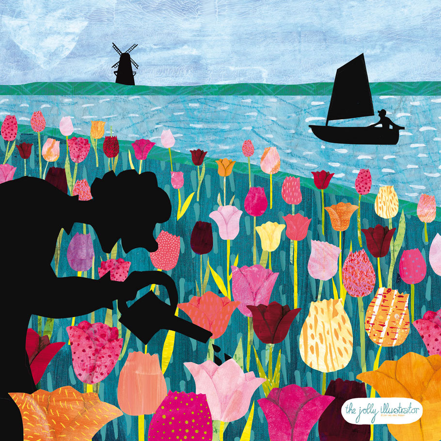 Dutch spring. Illustration with paper cut and black shadow. You see a windmill in the background, a river with a sailing boat, a tulip field, and an old lady watering the tulips. made by the jolly illustrator and part of the world spring series
