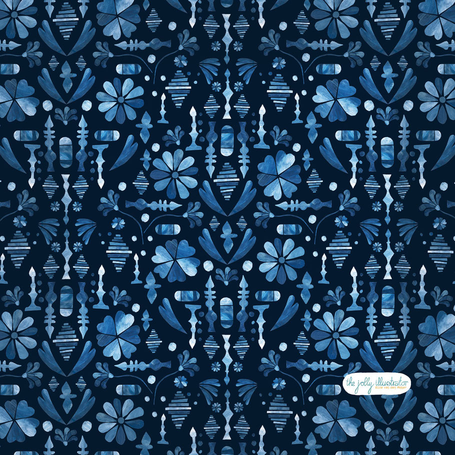 Abstract surface pattern design, indigo blue coloured for quilting, collage illustration bu Amsterdam based the jolly illustrator