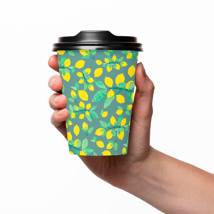 Lemon pattern on a take away cup, papercut collage illustration by the jolly illustrator