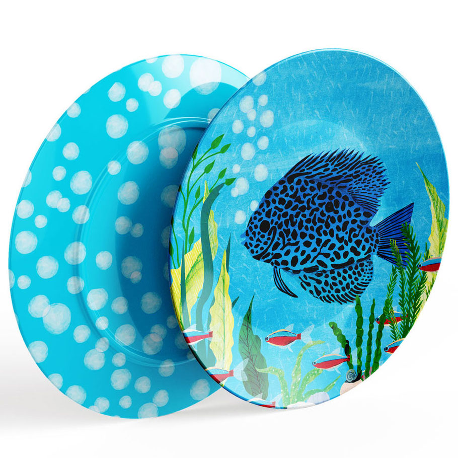 fresh water discus fish on plate, mixed media illustration by the jolly illustrator