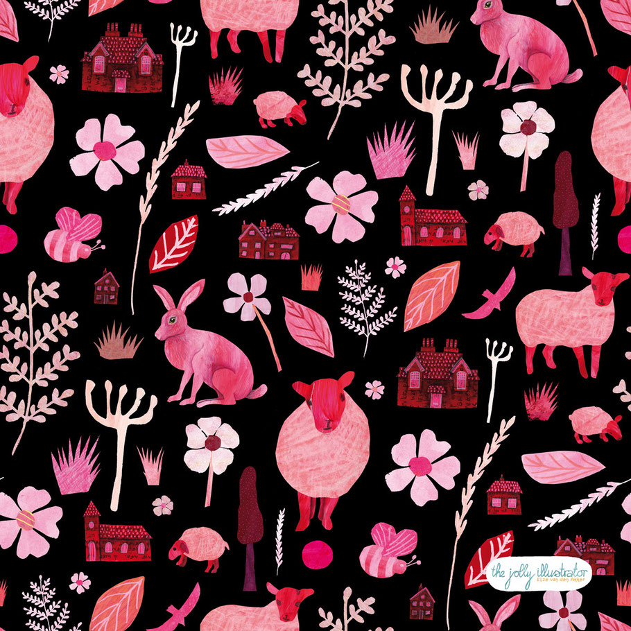 Collage surface Pattern design by the jolly illustrator showing sheep, flowers, bees, houses and a hare. Inspired on the North English landscape