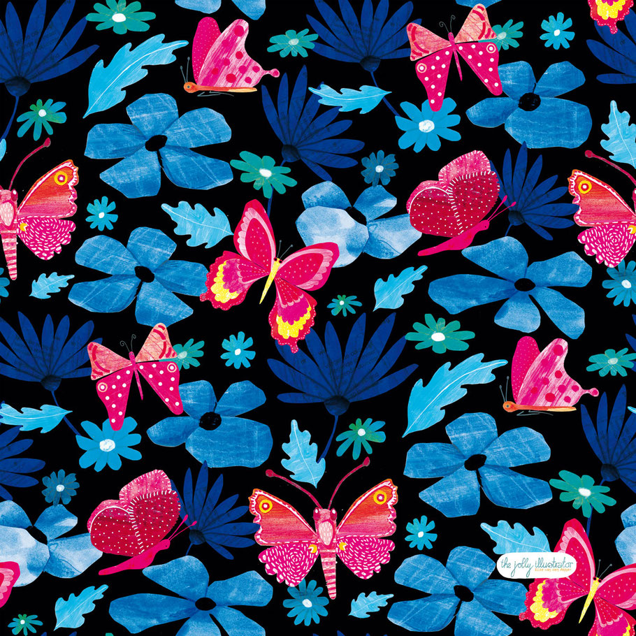 Blue flowers with pink butterlfies surface pattern design by the jolly illustrator. Papercut collage. Wallpaper, giftwrap, stationary