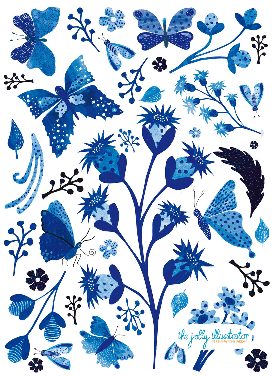 Delft blue inspired collage illustration with butterflies, thistles and other flowers. Made by Amsterdam based illustrator Elze vna den Akker aka the jolly illustrator