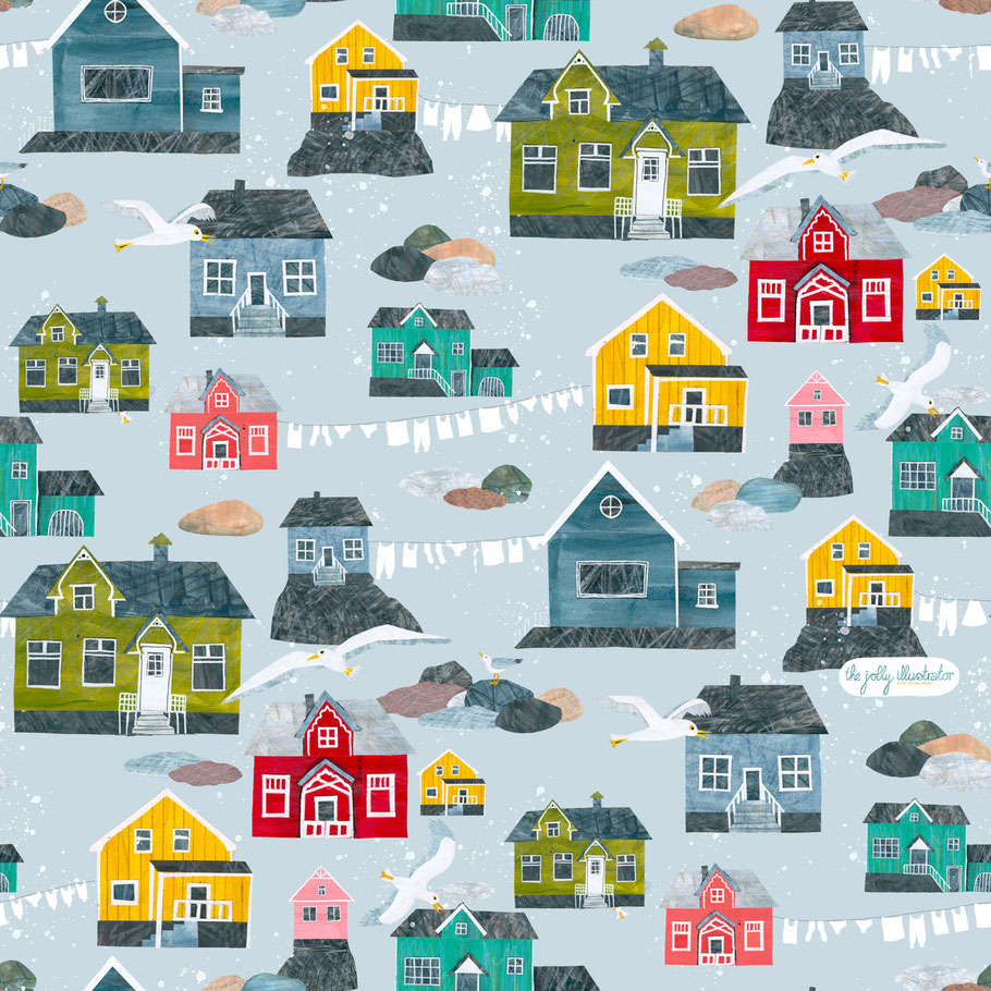 Playful and imaginative surface pattern with houses, washiinglines and seaguls, collage illustration by Elze van den Akker aka the jolly illustrator, lofoten, Norway