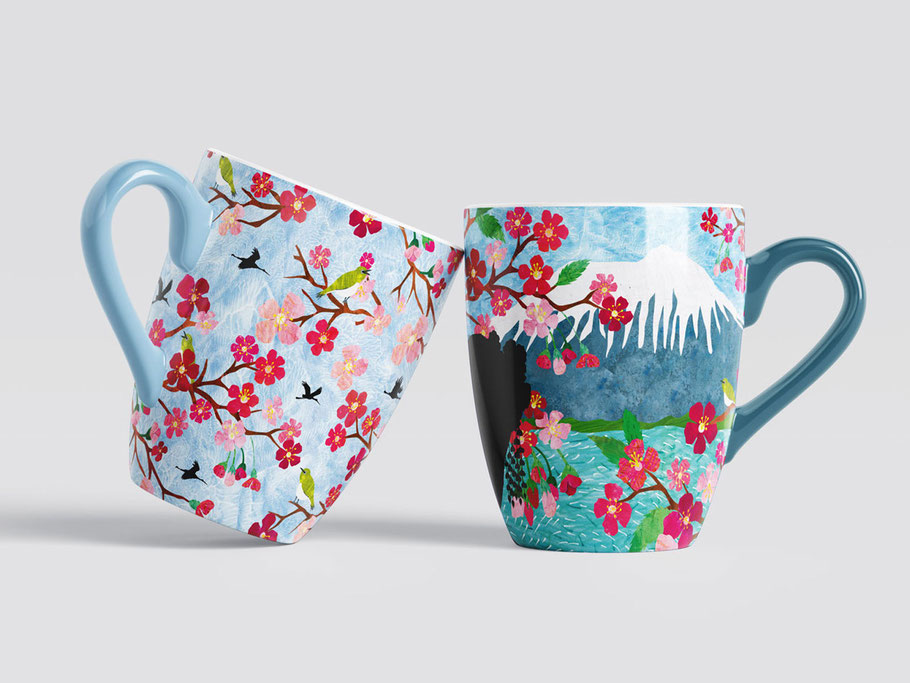 japanese spring on a mug, mock up. Collage illustration art by Elze van den Akker the jolly illustrator
