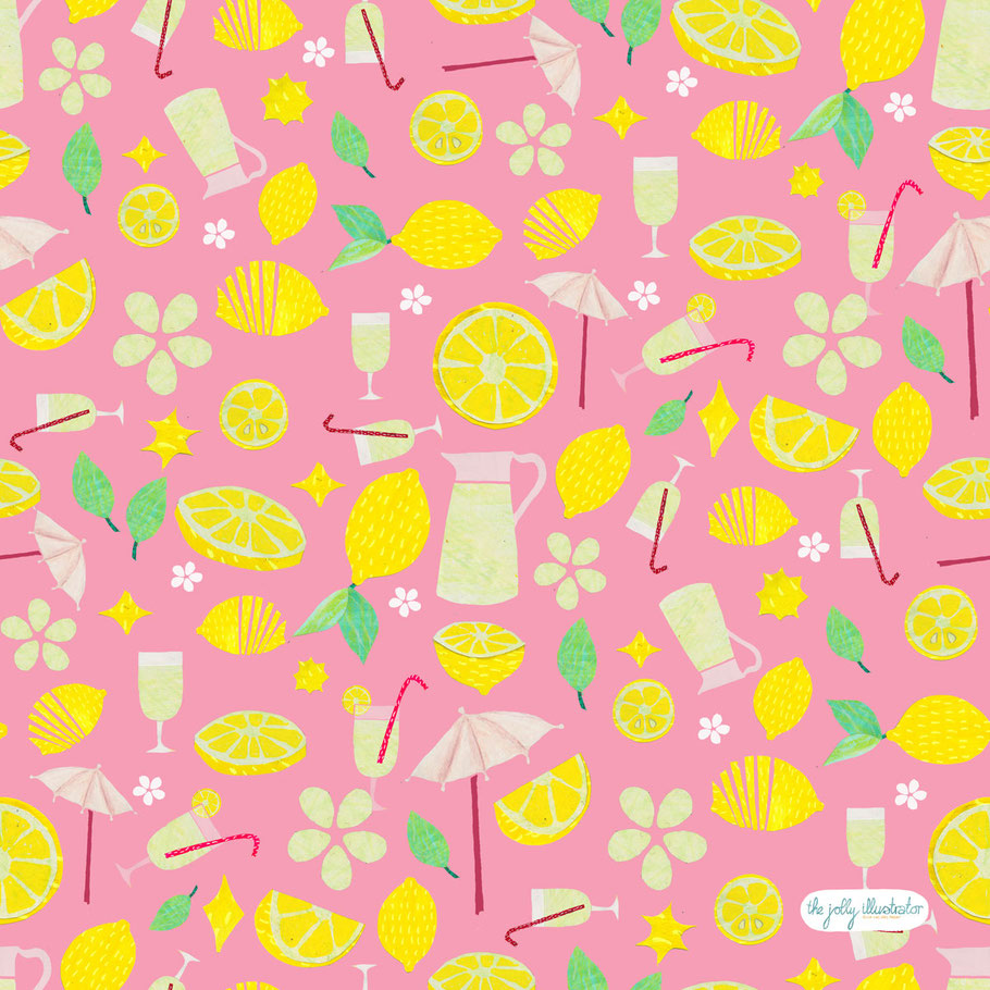 Sweet pink and yellow summer surface pattern design with lemons, parasol and lemonade. Paper-cut collage illustration by the jolly illustrator. Available on Spoonflower