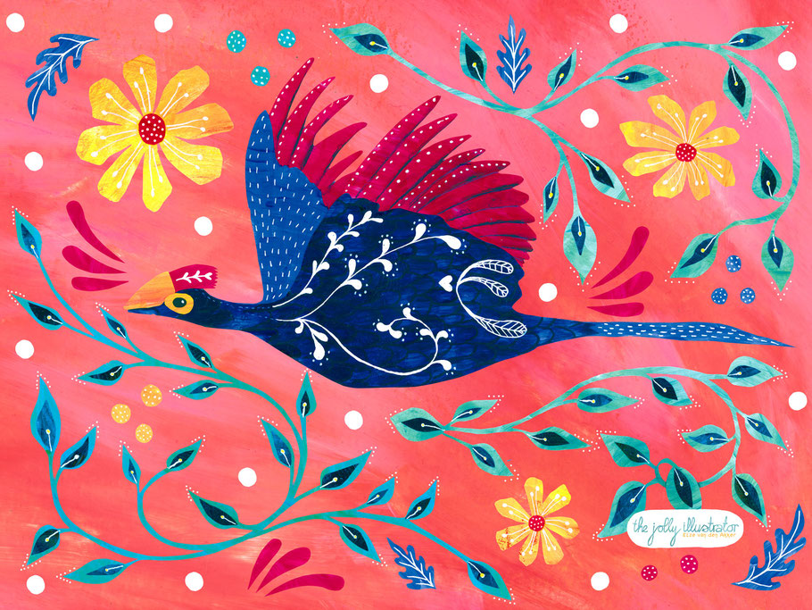 Lady ross turaco, folklore bird, colage illustration by the jolly illustrator