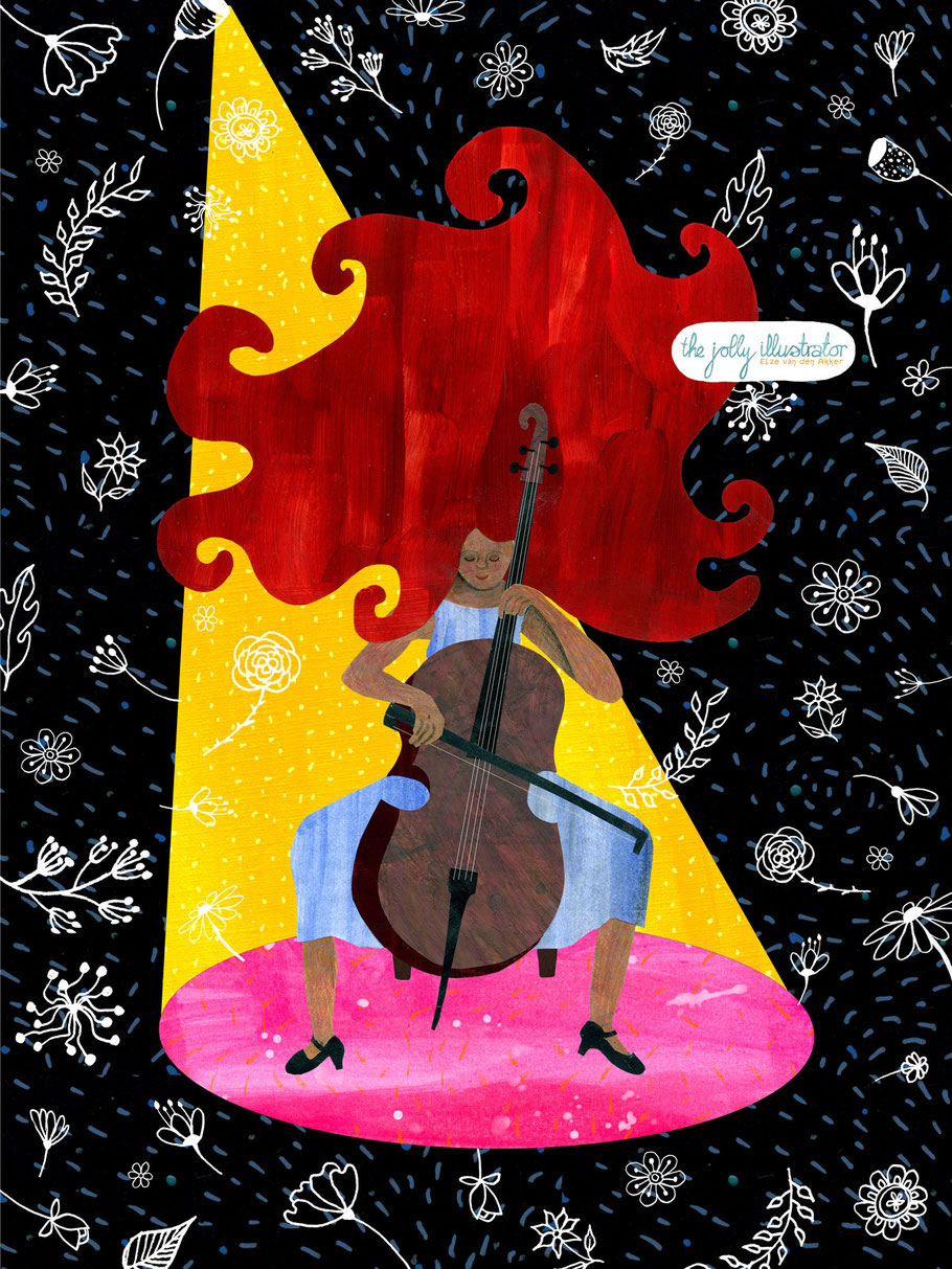 MIdnight music, woman playing cello. mixed media illustration by the jolly illustrator