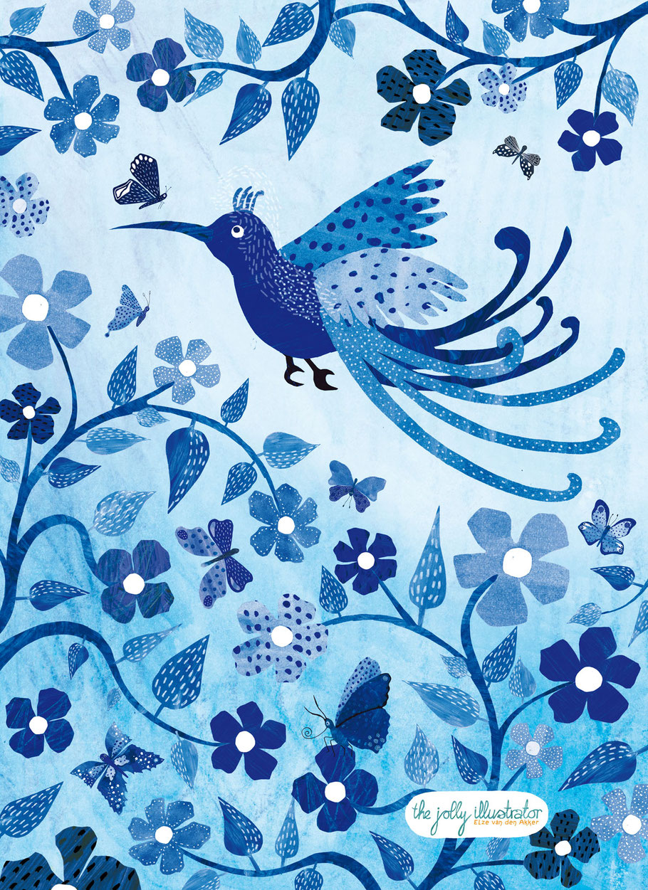 Delft Blue inspired collage illustration showing a paradise bird surrounded by blooms and butterflies. Made by Amsterdam based the jolly illustrator