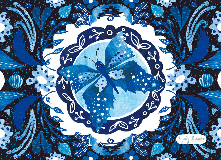 Delft blue, butterfly surrounded with folklore inspired ornaments, petals and flowers, illustraded by Dutch artist the Jolly illustrator