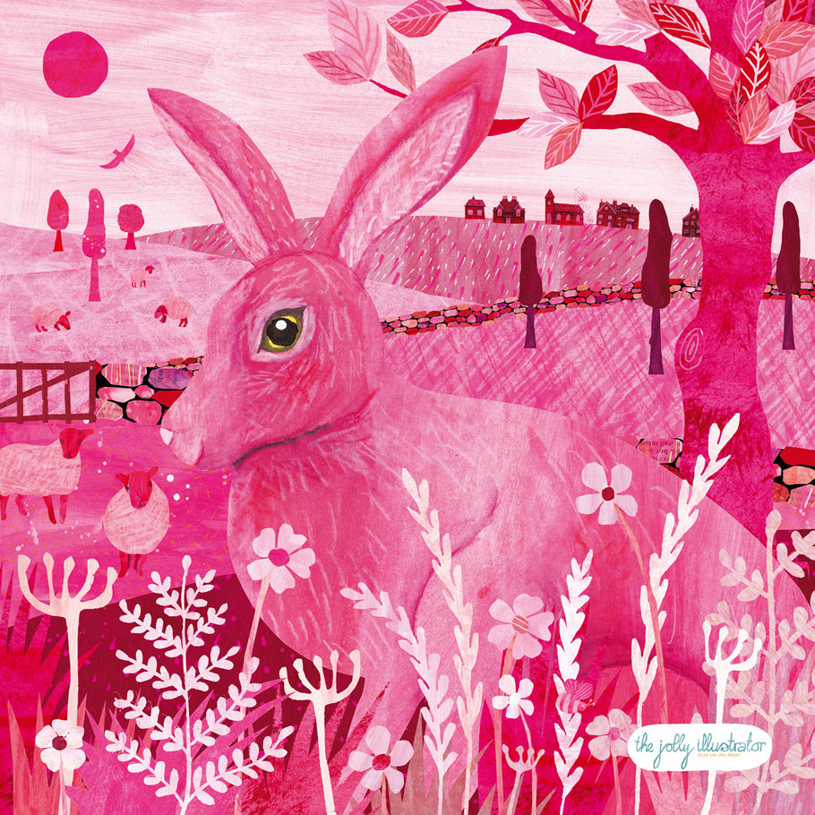 Pink monochrome collage landscape showing a hare in a flied full of flowers, some sheep and some trees. A pink village can be seen on the background. Paper cut by the jolly illustrator 