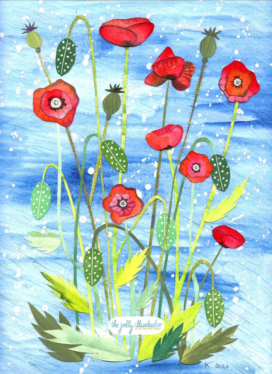 poppies, collage illustration by the jolly illustrator