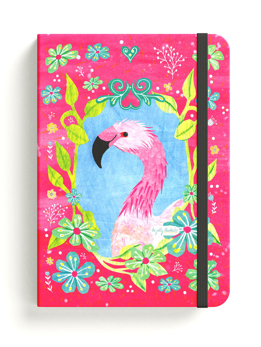 Flamingo on notebook, cheerful papercut collage illustration by the jolly illustrator