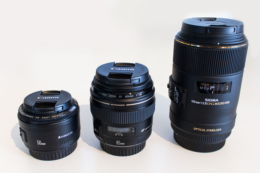 Meine Festbrennweiten: v.l.n.r. Canon 50mm 1.8 - Canon 85mm 1.8 - Sigma 105mm 2.8