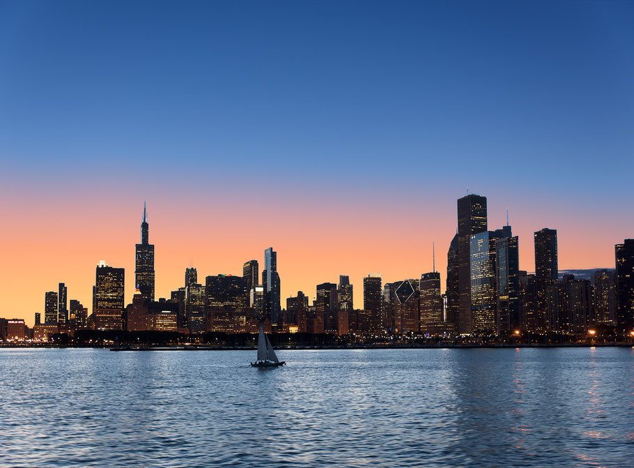 Chicago Skyline vom Lake Michigan, Illinois, USA