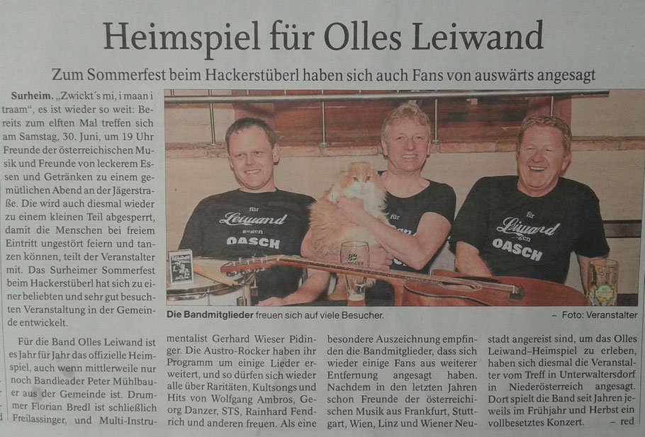 Olles Leiwand spielt zum Sommerfest Surheim Austropop mit Livemusik von Ambros, Danzer, STS, Fendrich und anderen