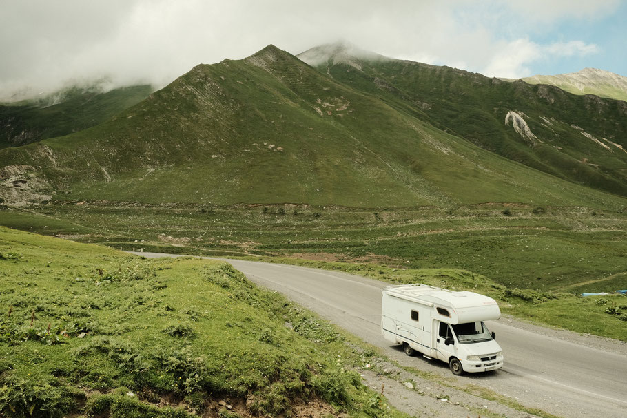 Driving through Caucasus mountains with our motor home