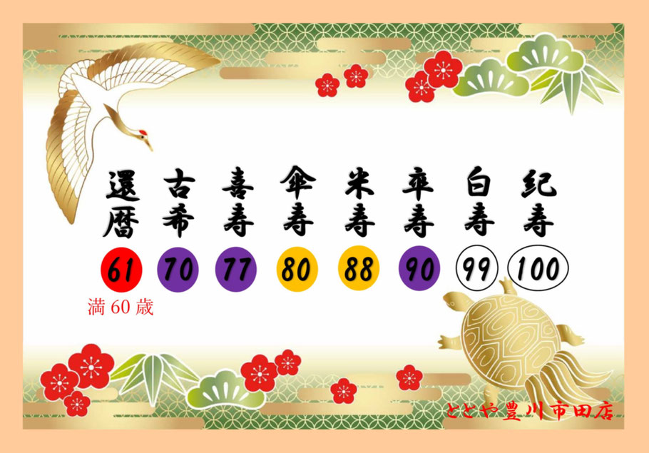 長寿祝い　還暦祝い　古希祝い　喜寿祝い　傘寿祝い　米寿祝い　卒寿祝い　白寿祝い　紀寿祝い