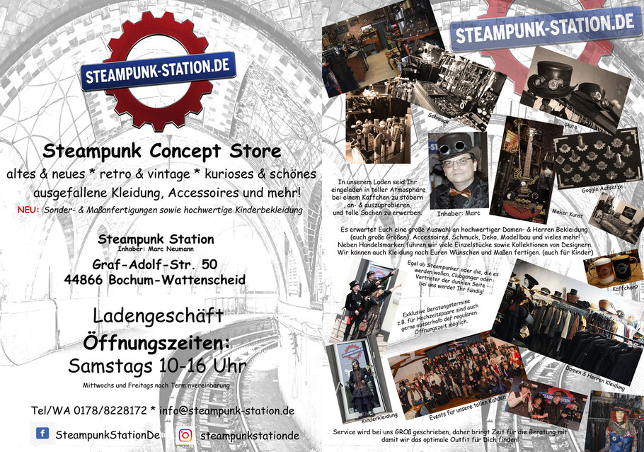 steampunk concept store bochum wattenscheid öffnungszeiten samstags 10 bis 16 uhr, hier gibt es korsetts, hüte, damen und herrenkleidung, gehröcke, hemden, westen, blusen, boleros, röcke, deko, viktorianisch, gothic, vintage usw in der steampunk-station