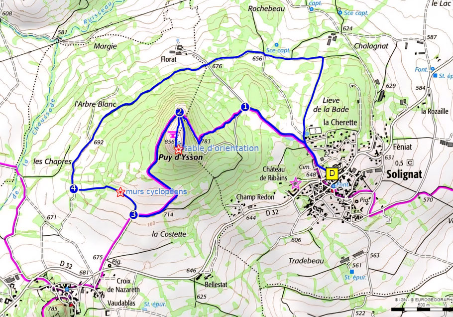 carte avec le tracé de la randonnée du Pic d'Ysson