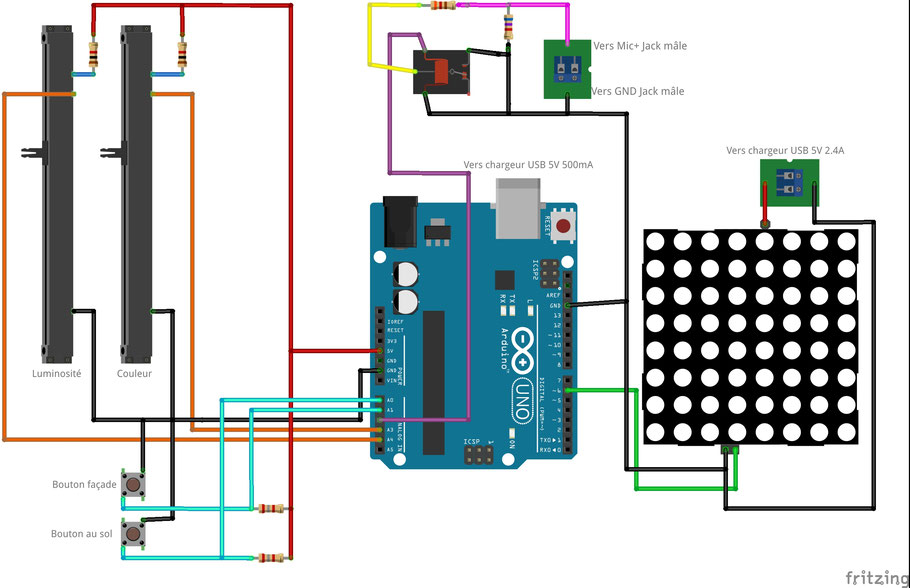 Schéma du montage - potentiomètres - boutons - relais - Arduino - panneau de LEDs Néopixel