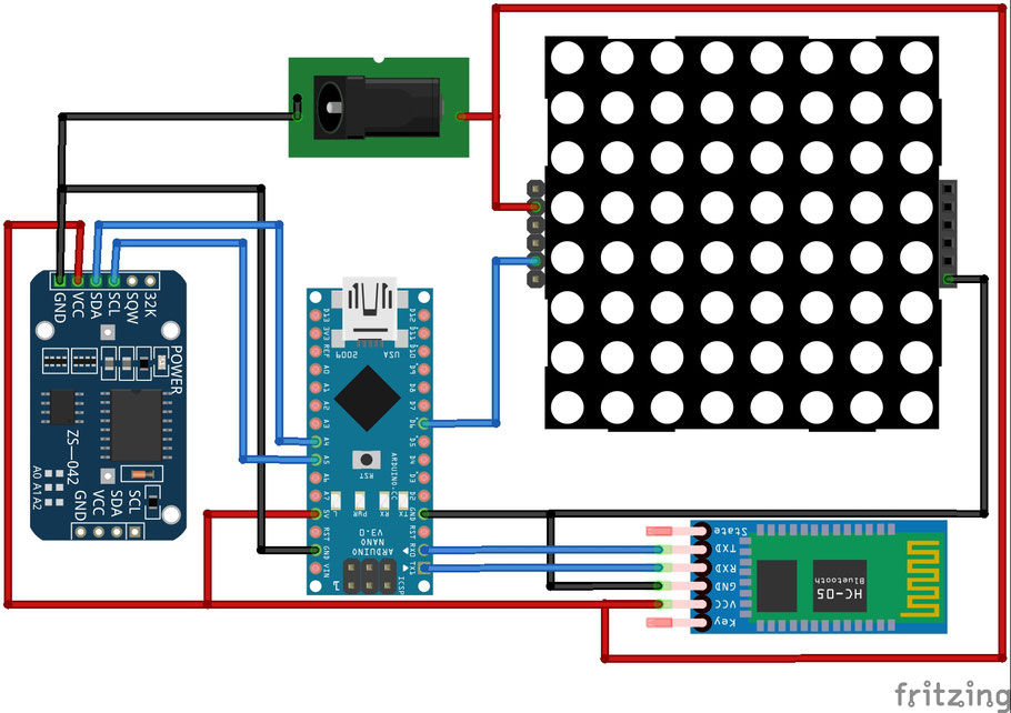 Schéma de montage - Arduino Uno - Bluetooth HC-05 - Panneau de LEDs RGB 8X8 - Module RTC HZ8563 