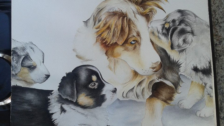 Hundefamilie von Kathrin Dietrich, Aquarell 30x40 cm