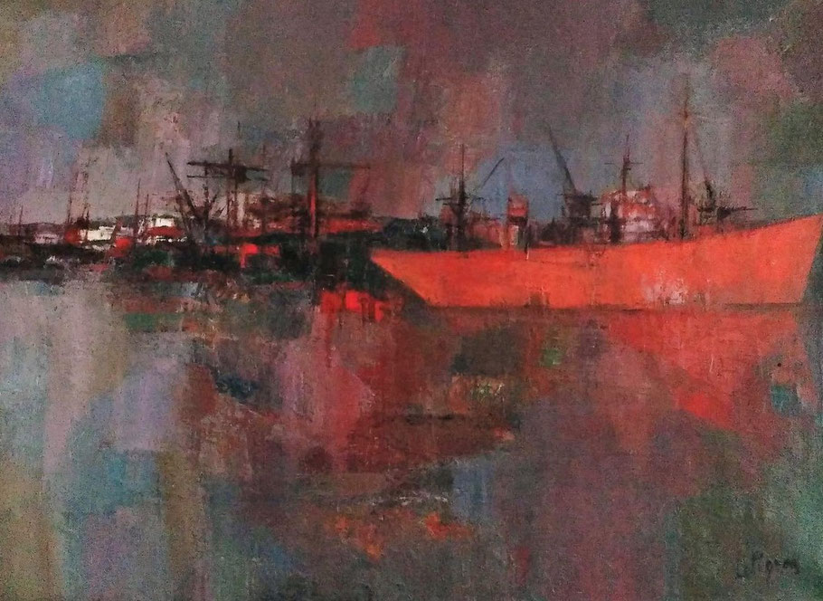 Tableau : un bateau rouge dans le port de Granville, en 1966