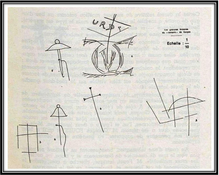 Dessins des gravures - cruciformes , arbalétrier de la grotte de Gargasse (65) - J. Fourcade /R.C. 1er Trim; 1968