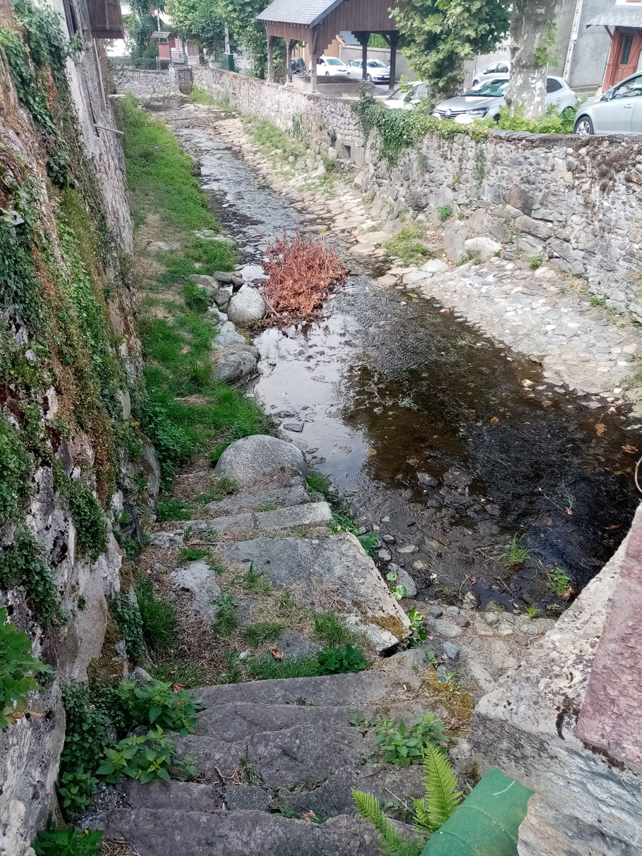 au pied de l'escalier ... la fameuse pierre à cupules de trempage de Saint Laurent dans le ruisseau du Burat.