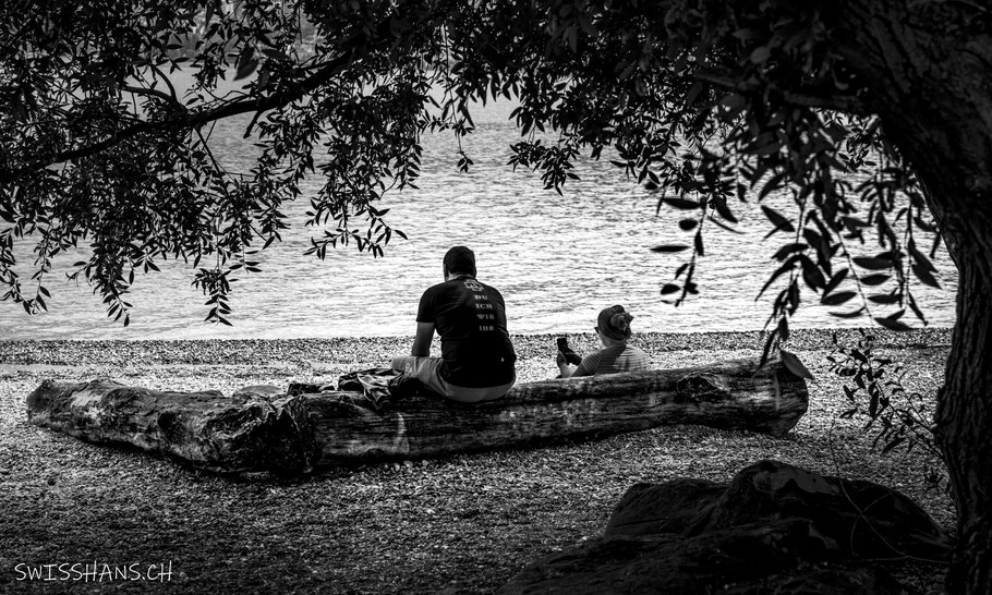 Eine Frau und ein Mann sitzen bei einem angeschwemmten Baumstamm am Bodensee bei Rorschach.